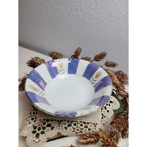 Vintage Enesco Blue & White Striped Bowl Wheat Iridescent Decorative Colorblock